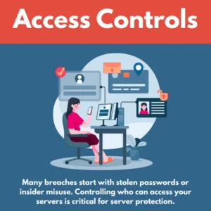 Infographic explains server access controls, emphasizing password management and insider misuse risks for security awareness