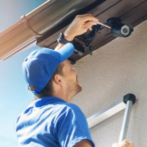 Installer on ladder tightens outdoor bullet security camera under roof eave during home system installation