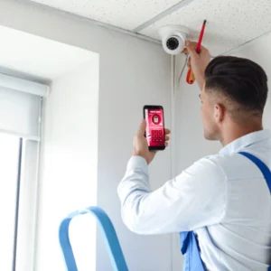 Technician on ladder configures ceiling security camera using smartphone app, finalizing placement and testing today