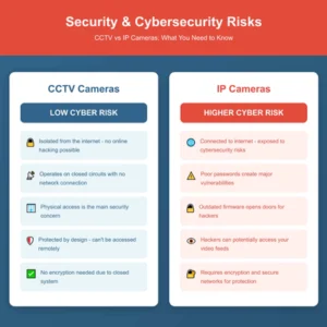 Infographic compares cybersecurity risks between CCTV and IP cameras, highlighting vulnerabilities, encryption needs, and protections