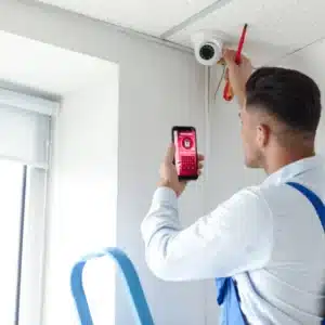 Technician on ladder configures ceiling security camera using smartphone app, finalizing placement and testing today