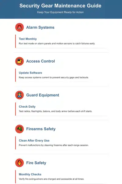 Infographic lists security gear maintenance steps: alarms, access control, guard equipment, firearms, and fire safety