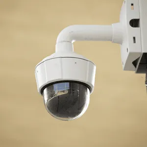 Mounted outdoor security camera provides wide-angle surveillance coverage for increased visibility and protection