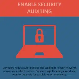 Infographic recommends enabling security auditing, logging events, preserving logs, and monitoring for suspicious activity alerts