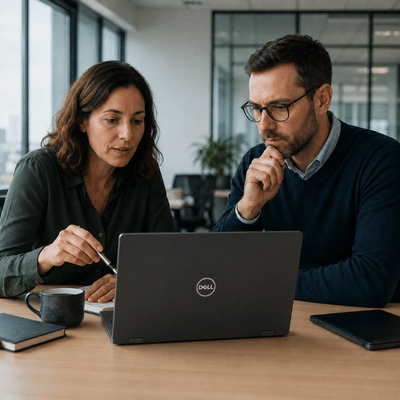 Two business leads discuss a Lenovo vs Dell workstation decision while reviewing details on a laptop in an office