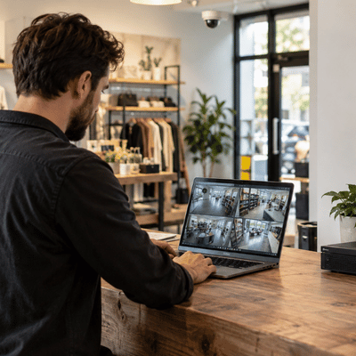 A technician reviews multiple security camera feeds on a laptop while checking a small business security camera system inside a retail shop.