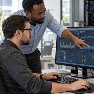 Two IT specialists work together at a computer workstation, reviewing network performance data and monitoring systems through co-managed IT services