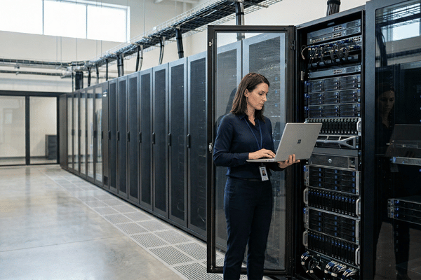 Lenovo vs Dell servers image shows technician checking rack systems with laptop in data center