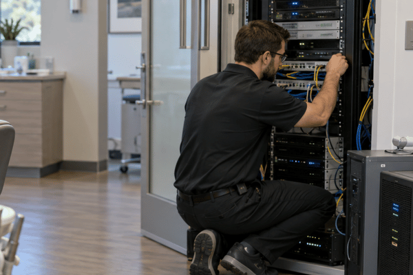 A technician performs dental it support by maintaining network and server equipment inside a modern dental office