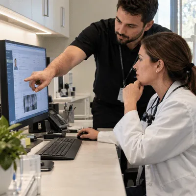 An IT technician provides dental it support while helping a dentist review patient imaging software on a computer