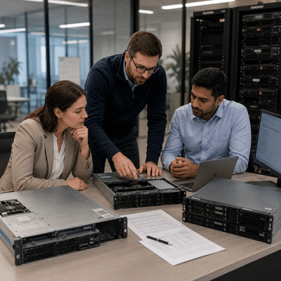 An IT team reviews lenovo refurbished servers and hardware documents during a planning meeting