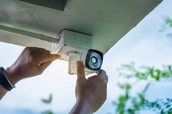 Hands adjust outdoor security camera under eave, installing device for home surveillance monitoring and safety