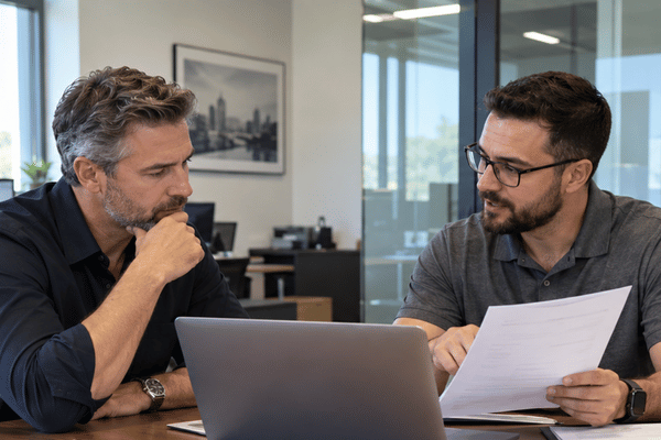 A business owner reviews a document with an IT consultant across a laptop in a modern office while discussing managed IT services pricing and support costs