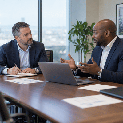 An IT manager meets with a consultant in a conference room to discuss technical support needs, responsibilities, and co-managed IT services