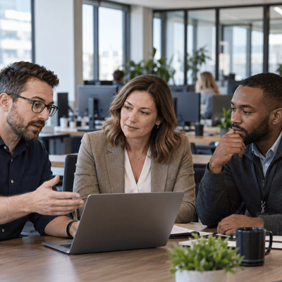 An IT consultant discusses support options with two business professionals gathered around a laptop in a modern office, helping them evaluate in-house staffing and outsourcing costs as part of managed IT services pricing