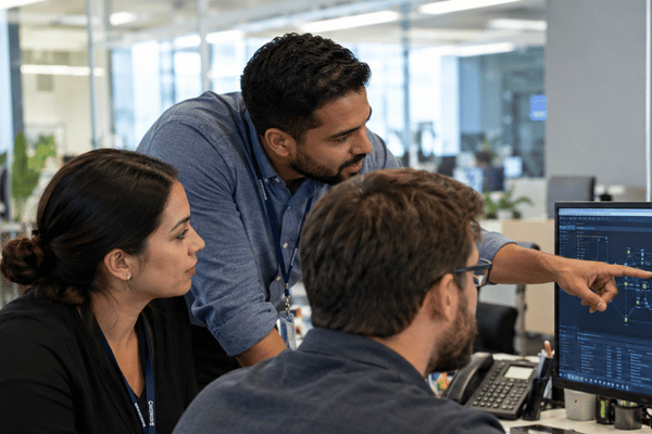 Three IT professionals collaborate at a workstation, reviewing technical information on a computer monitor as part of co-managed IT services