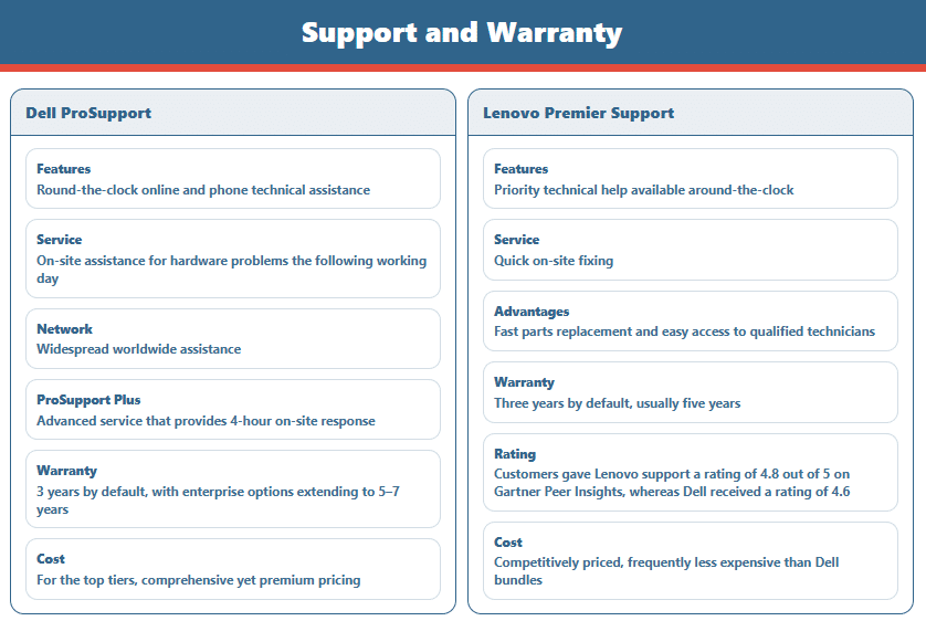 Infographic summarizes support and warranty differences, highlighting service features; Lenovo vs Dell servers side-by-side clearly