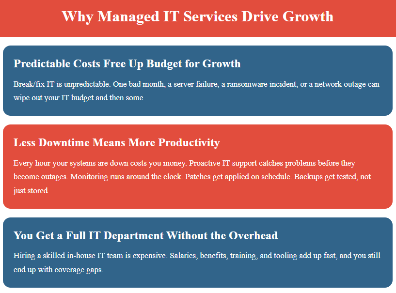 An infographic explains predictable costs and reduced downtime, promoting IT services for small business growth