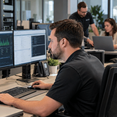 An IT technician monitors computer systems and network activity on dual monitors while other team members provide technical support in an office, illustrating the services covered by managed IT services pricing