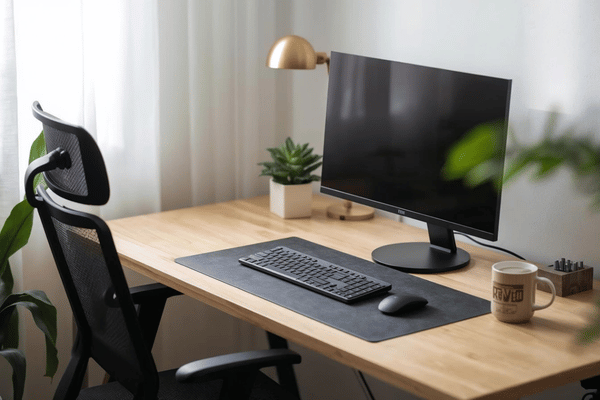 A clean office desk shows a modern monitor setup representing efficient servers and workstations for daily business use