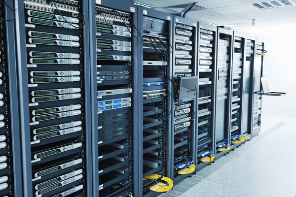A row of organized data center racks displays network and storage hardware for a lenovo vs dell servers comparison