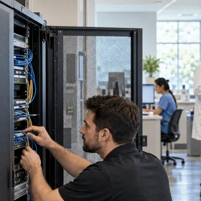 A technician provides dental it support by servicing network equipment in a server cabinet while clinic staff work nearby