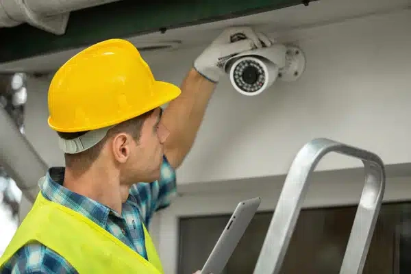 A construction worker on a ladder installs an outdoor security camera while holding a tablet