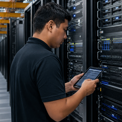 A technician checks enterprise server hardware using a tablet, showing how top server companies help teams manage performance and reliability