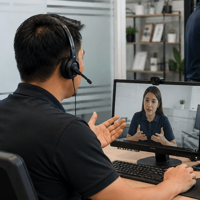 An IT specialist provides remote it support through a video call with an employee while discussing a technical issue on screen