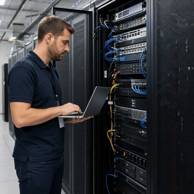 A technician carries out server hardening while configuring rack-mounted servers with a laptop in a modern server room.