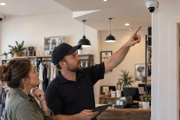 A small business owner and technician review ceiling camera placement as part of a small business security camera system inside a retail shop
