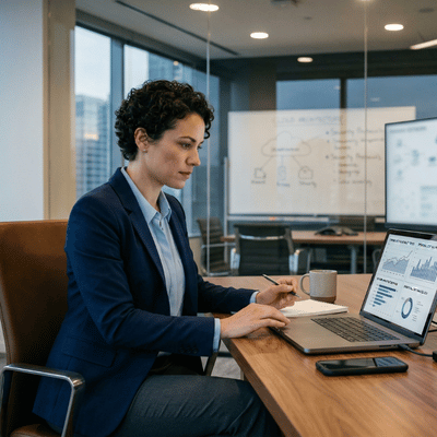 Lenovo vs Dell servers comparison image shows analyst reviewing performance charts on laptop in office