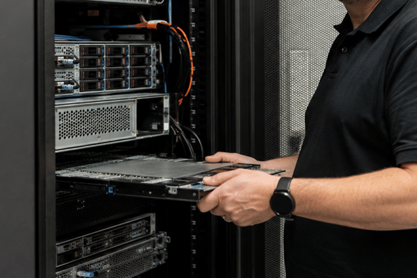 An IT technician removes or installs a server component in a rack while evaluating hardware associated with the best server brands