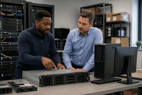 Two IT professionals inspect Lenovo refurbished servers on a worktable in a server room