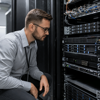 An IT professional examines multiple rack-mounted servers in a data center while comparing equipment from the best server brands
