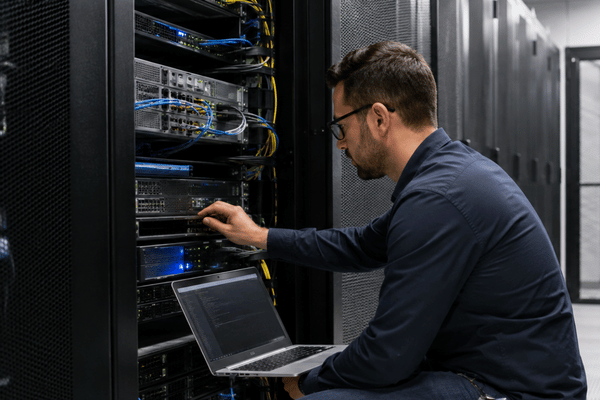 An IT technician performs server hardening by adjusting rack-mounted equipment while using a laptop inside a professional data center.