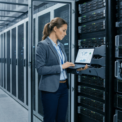 Lenovo vs Dell servers photo shows IT manager reviewing server performance beside open rack cabinet
