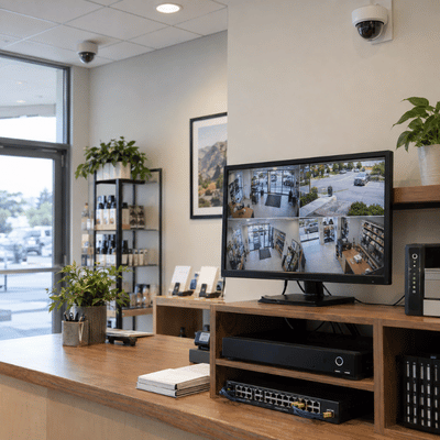 A small business security camera system displays multiple live surveillance feeds on a monitor beside recording and network equipment in a retail store.