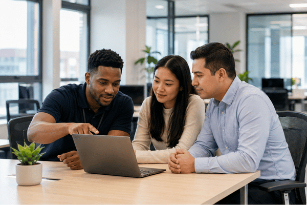 An IT technician explains remote it support options to two business employees using a laptop in a modern office meeting area