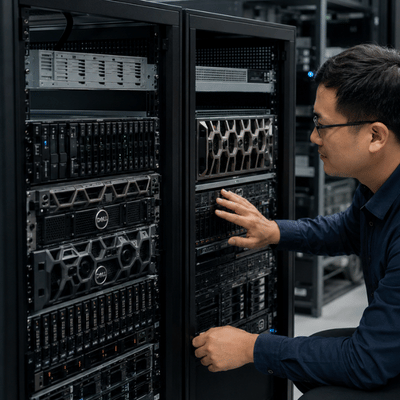 An IT technician examines rack-mounted hardware while assessing lenovo vs dell servers in a modern data center