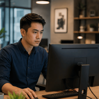 A technician provides remote it support from a desktop workstation while monitoring business systems in a professional office
