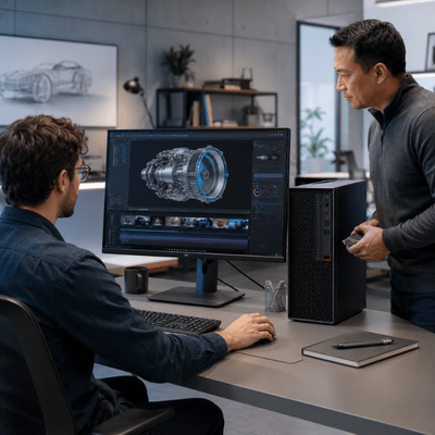 Two professionals review creative workstation performance near lenovo refurbished servers in a modern office