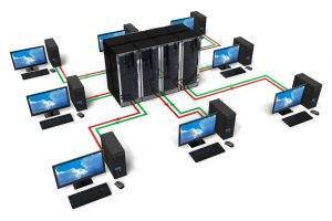 Computers connected to central cloud, hosting their shared data.